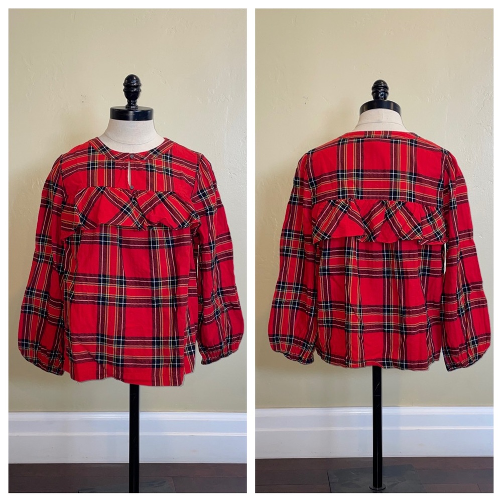J Crew Festive Ruffle Red Tartan Plaid Popover Cotton Flannel Shirt Size Medium